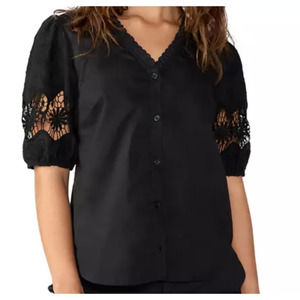 Sanctuary Women's Voyage Eyelet Lace Puff Sleeve 3/4 Blouse Black Size 2X NWT